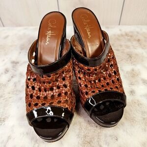 Cole Haan Women's Brown Leather Woven High Heels Peep Toe 4.25" Wood Heel D33775